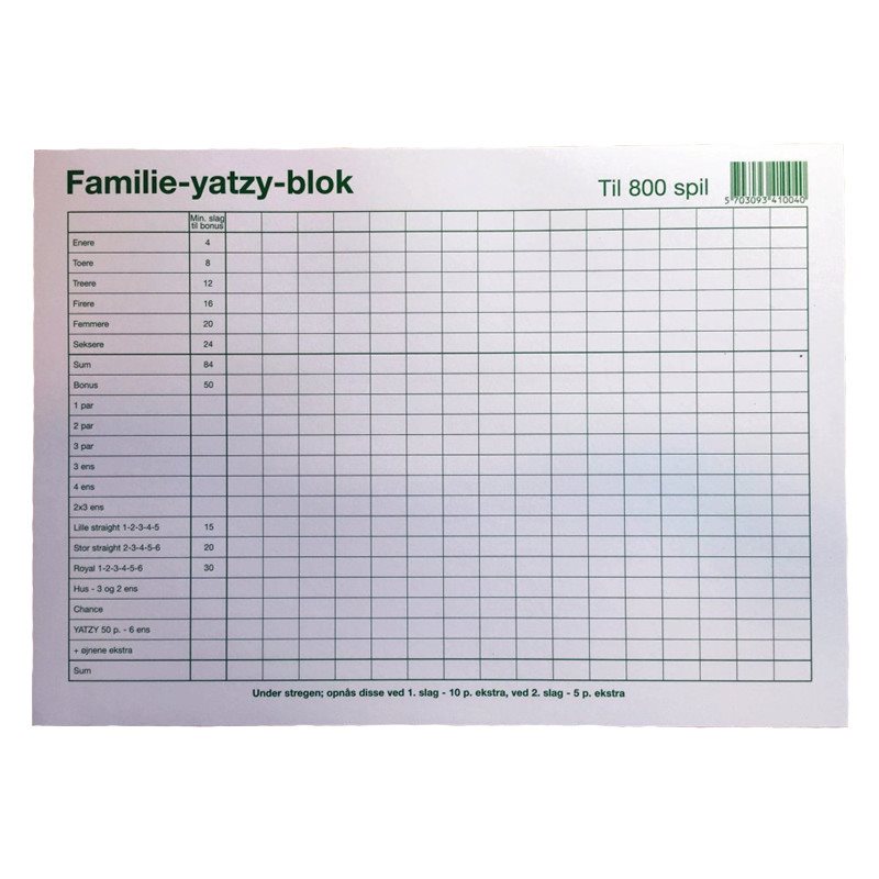 Familie Yatzy | A4 | 6 terninger | Shop-Tur.dk