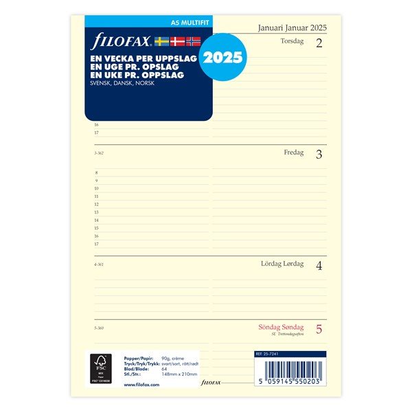 Filofax | Refill Ugekalender | A5 | 2025 |