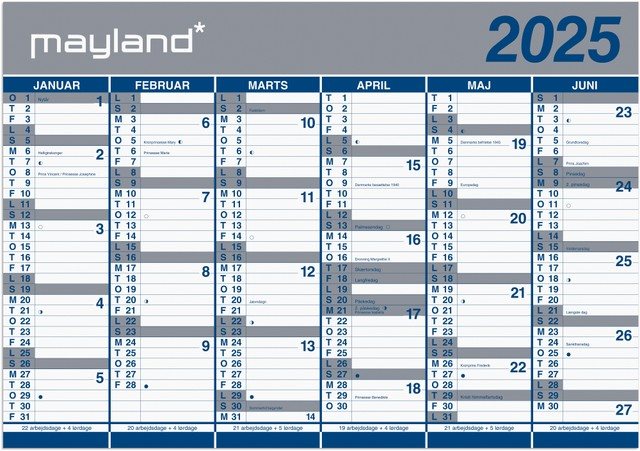 Mayland | Kæmpekalender 2x6 måneder Papir | 2025 |